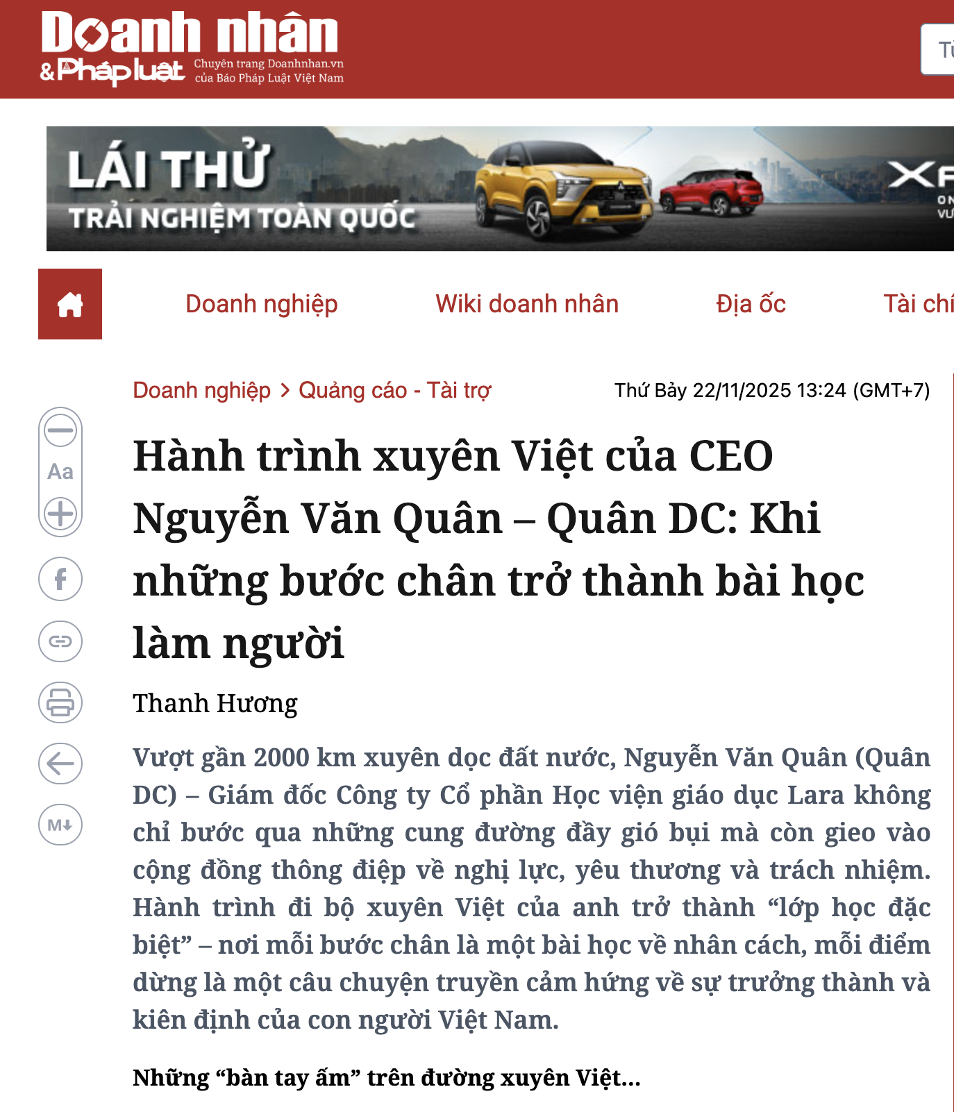 Bài báo viết về HLV Quân DC trên Doanh nhân & Pháp luật 1