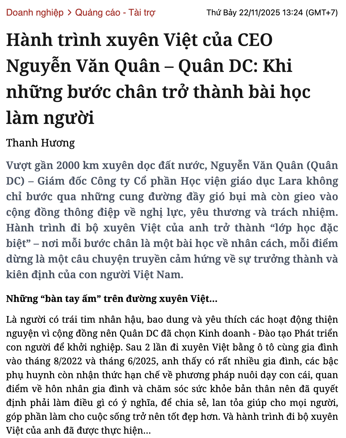 Bài báo viết về HLV Quân DC trên Doanh nhân & Pháp luật 2